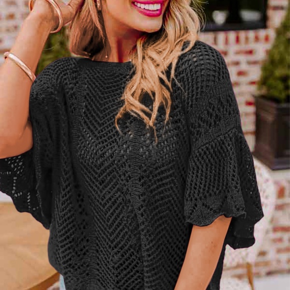 Tops - B131 Black Pointelle Knit Scallop Edge Short Sleeve Top